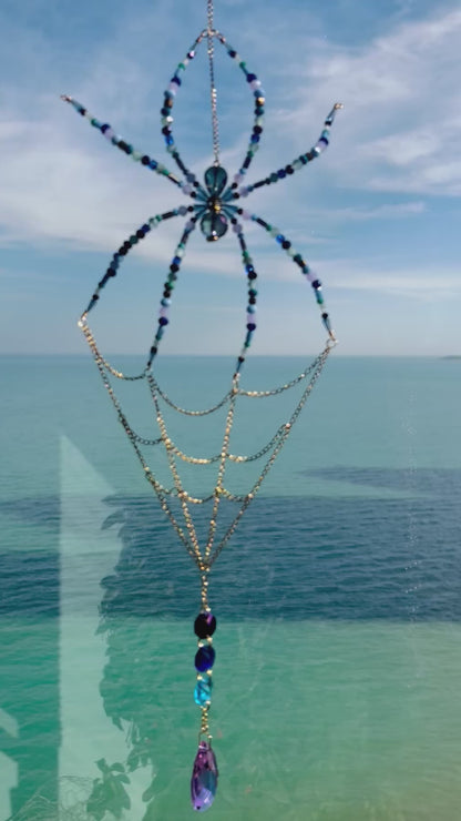 Midnight Aurora Web – Beaded Spider Suncatcher