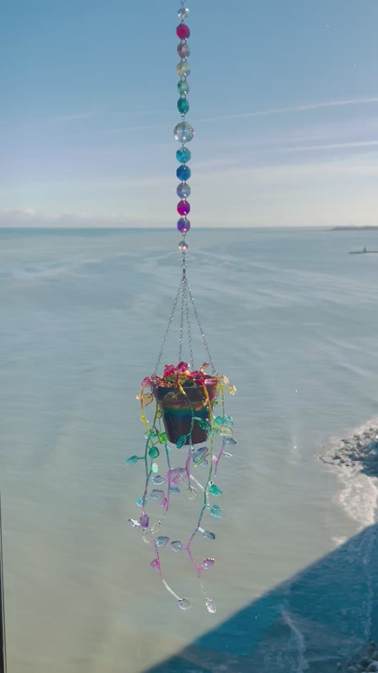 Rainbow Leafy Plant Suncatcher – Handpainted Pot