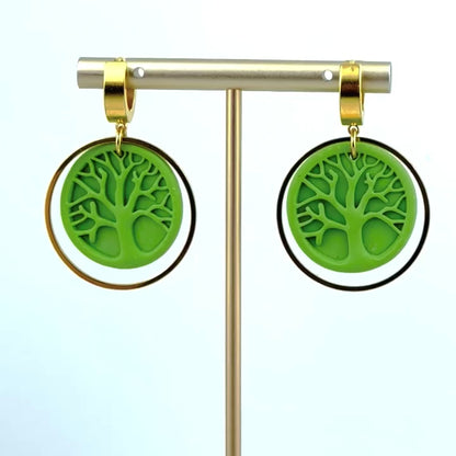 Green Tree of Life Circle Earrings