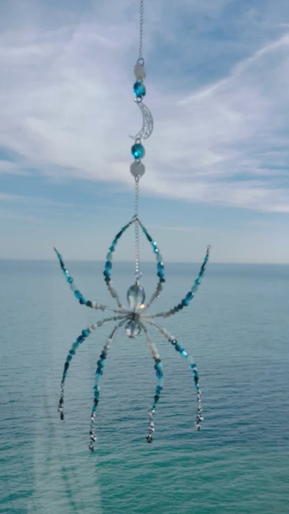 Moonlit Tide Spider – Blue Celestial Beaded Suncatcher