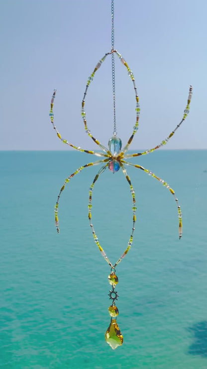 Golden Garden Web Beaded Spider Suncatcher