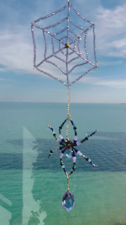 Twilight Web – Beaded Spider & Crystal Web Suncatcher