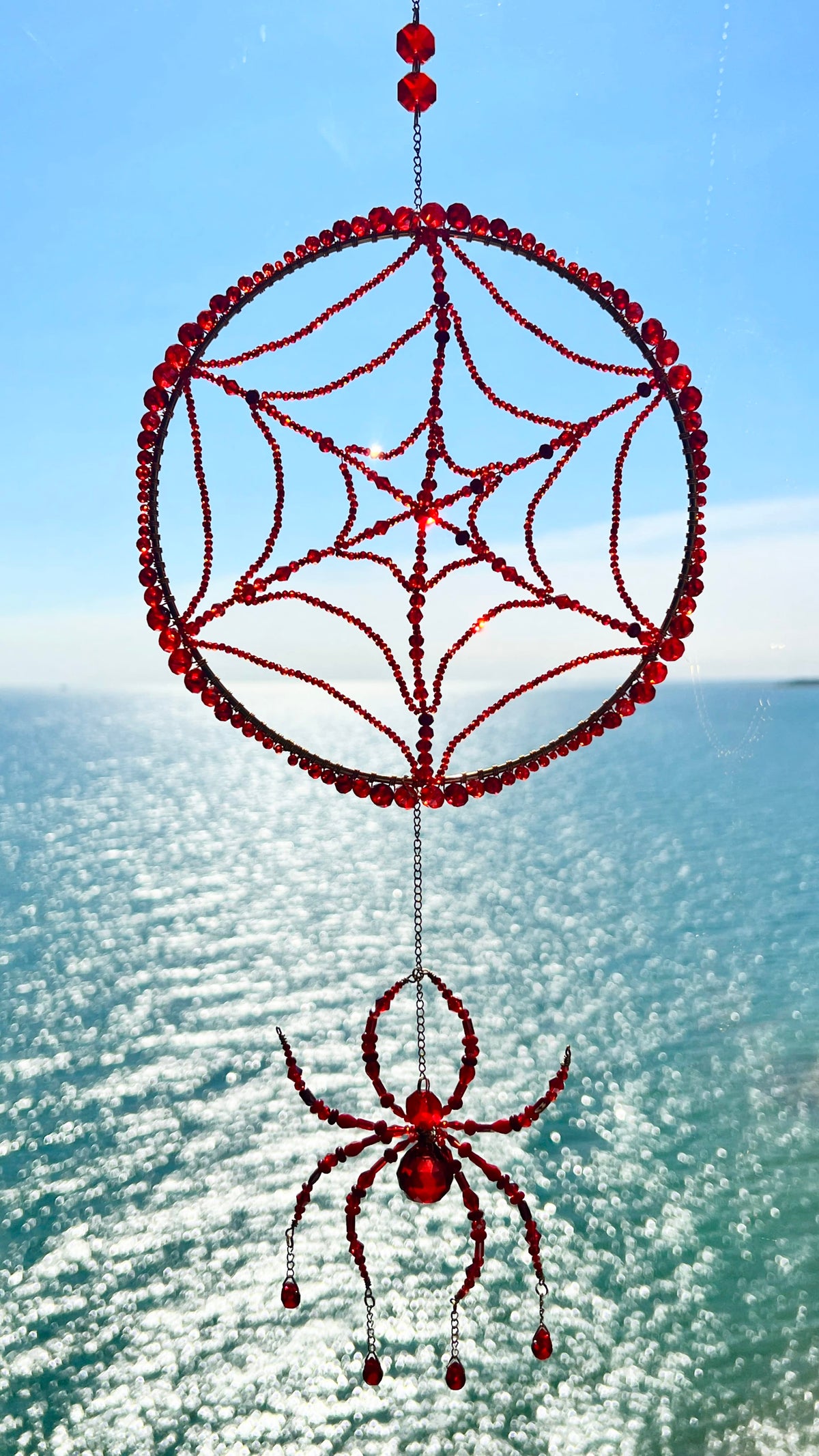Suncatchers Crimson Web Weaver – Beaded Spider & Web Suncatcher