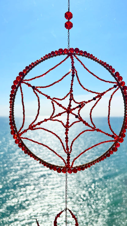 Suncatchers Crimson Web Weaver – Beaded Spider & Web Suncatcher