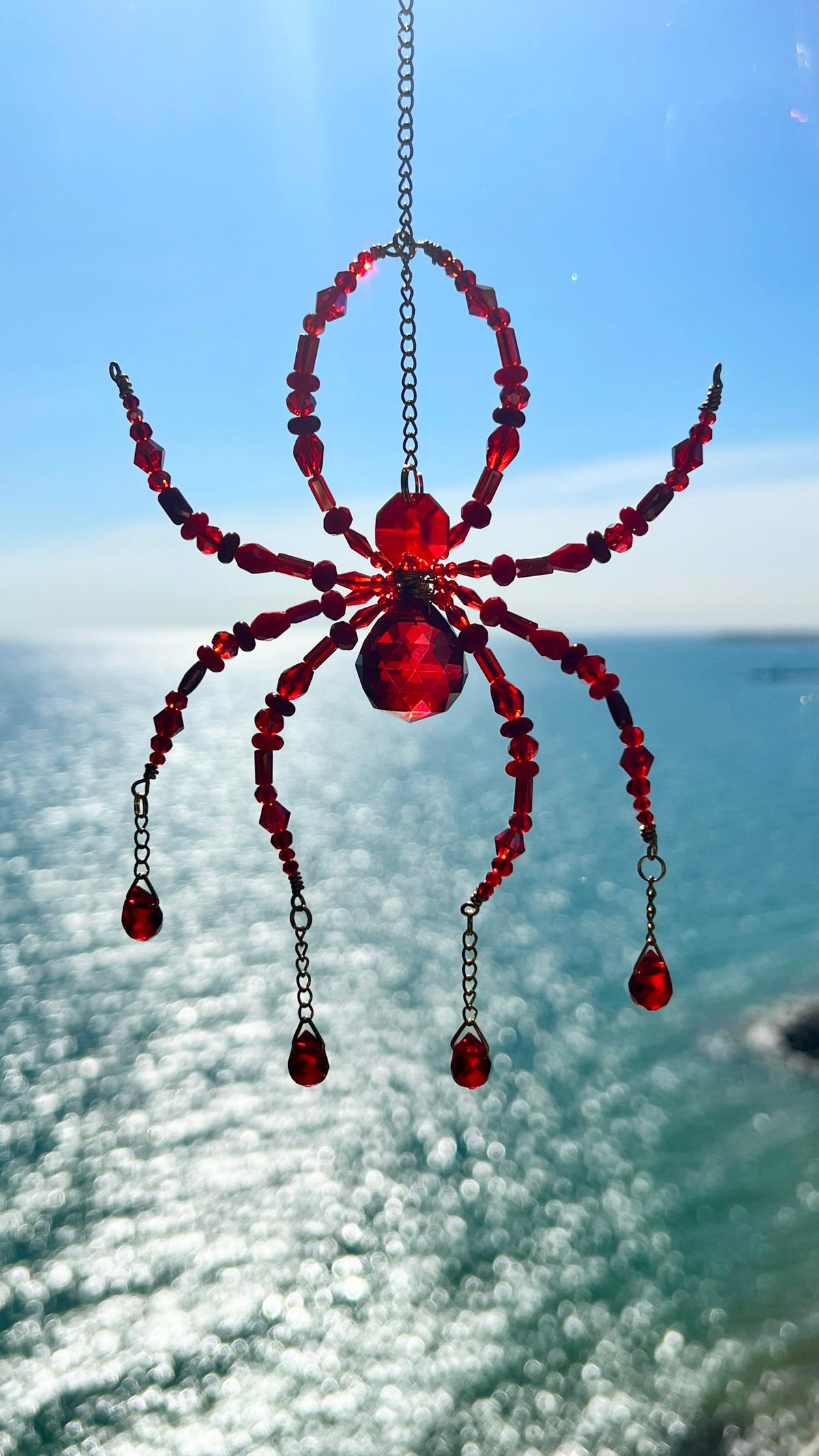 Suncatchers Crimson Web Weaver – Beaded Spider & Web Suncatcher
