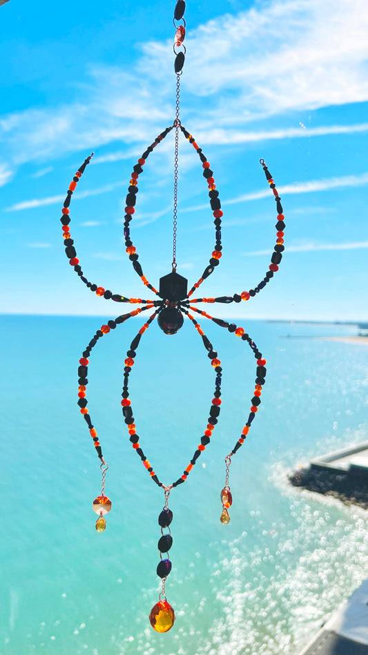 Suncatchers Ember Night – Black, Orange & Purple Beaded Spider Suncatcher