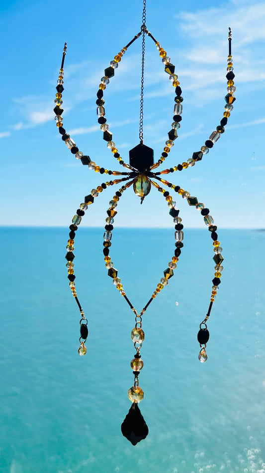 Suncatchers Gilded Shadow – Black & Gold Beaded Spider Suncatcher