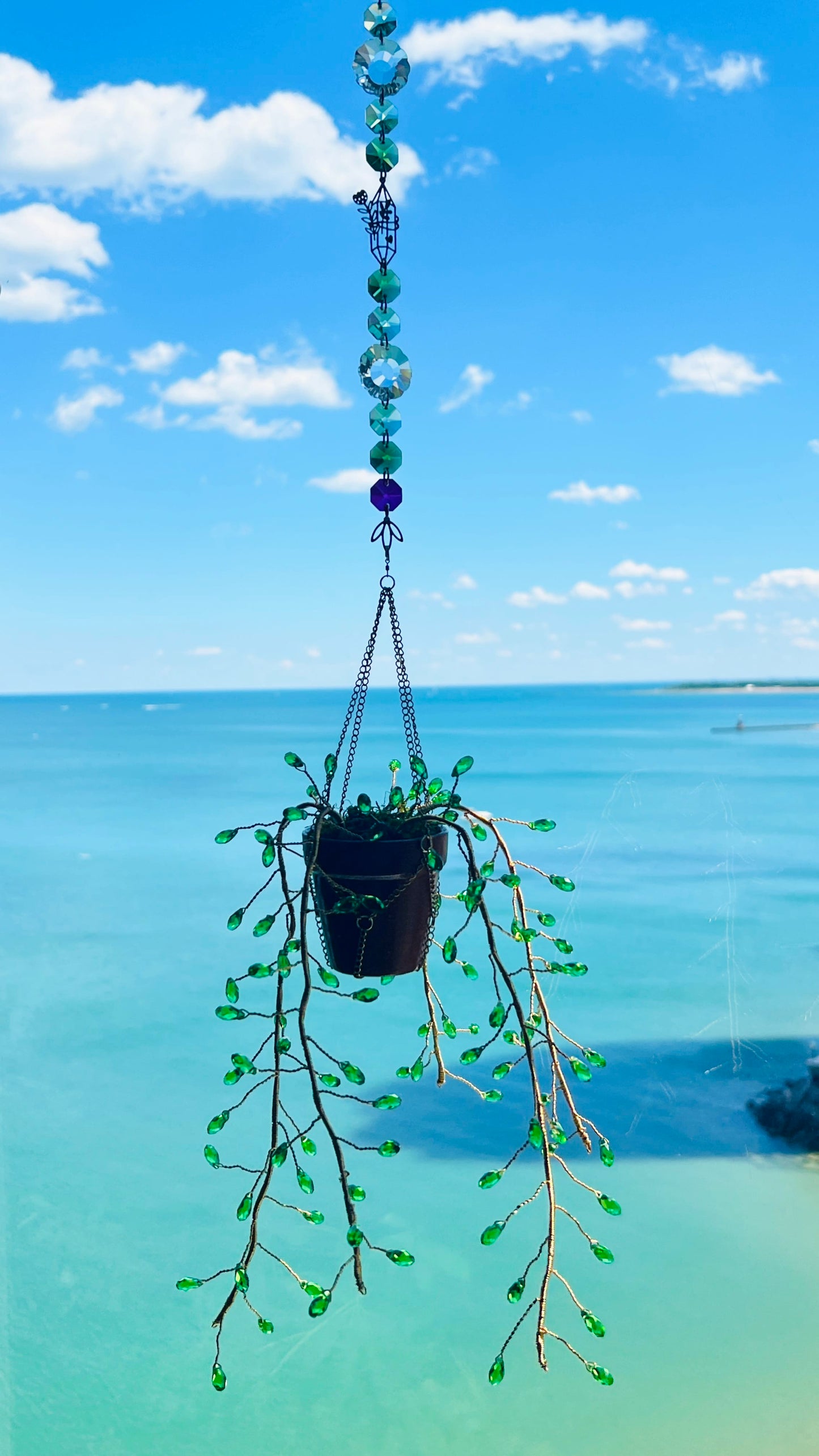 Suncatchers Enchanted Emerald Vine Glass Teardrop ‘Forever’ Plant Suncatcher – Handmade Hanging Prism Décor