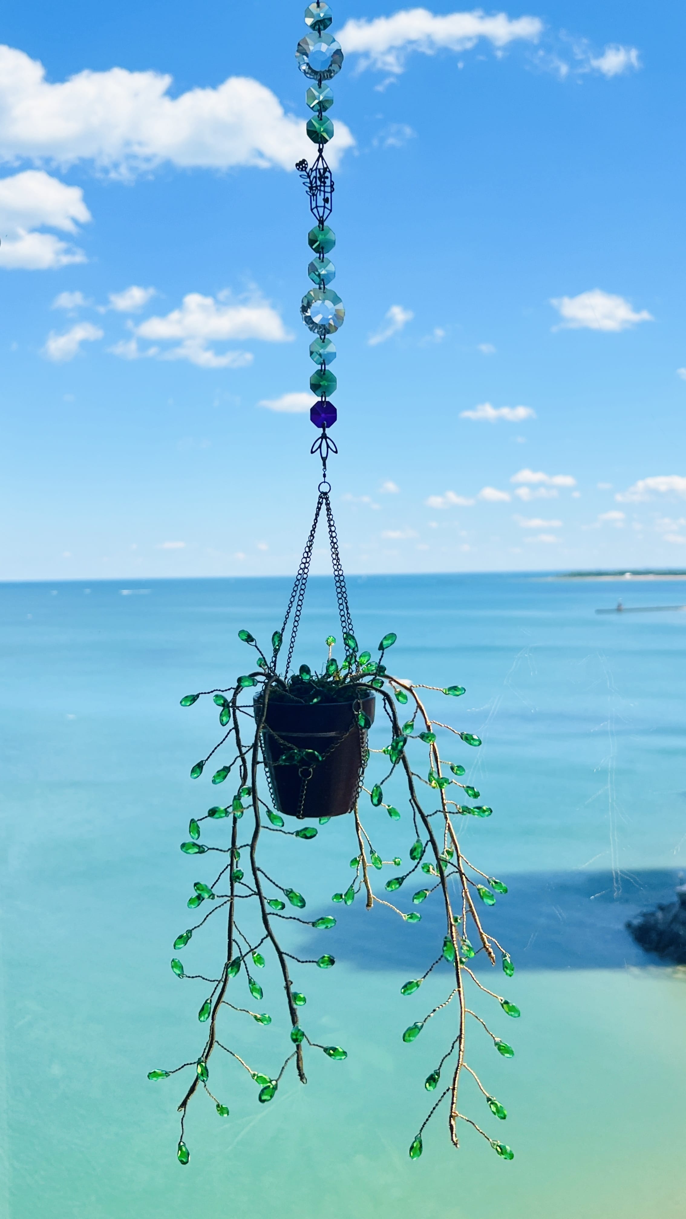 Suncatchers Enchanted Emerald Vine Glass Teardrop ‘Forever’ Plant Suncatcher – Handmade Hanging Prism Décor