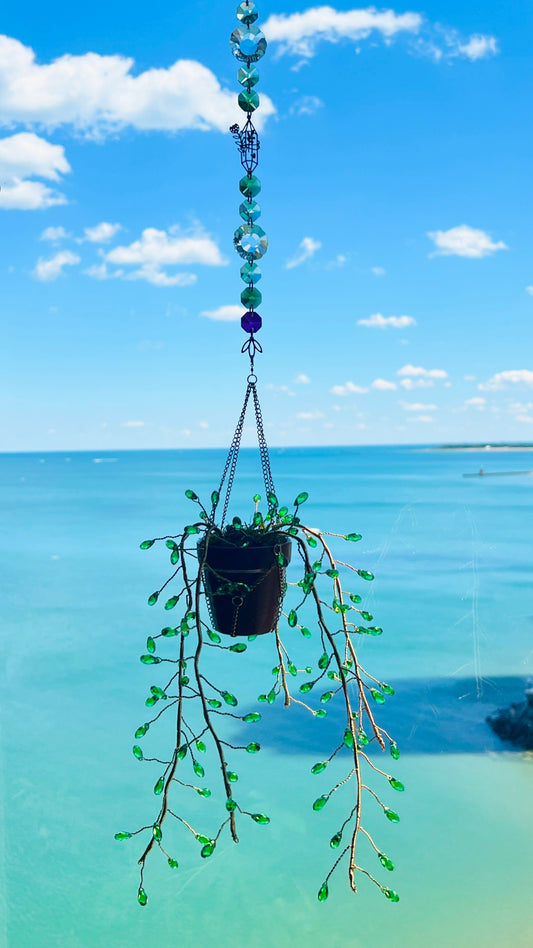 Suncatchers Enchanted Emerald Vine Glass Teardrop ‘Forever’ Plant Suncatcher – Handmade Hanging Prism Décor