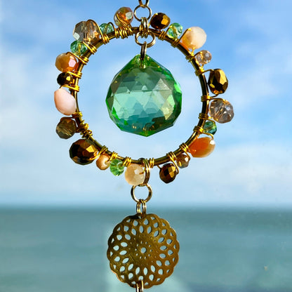 Suncatchers Green & Gold Glass Suncatcher – Handmade Crystal Decor