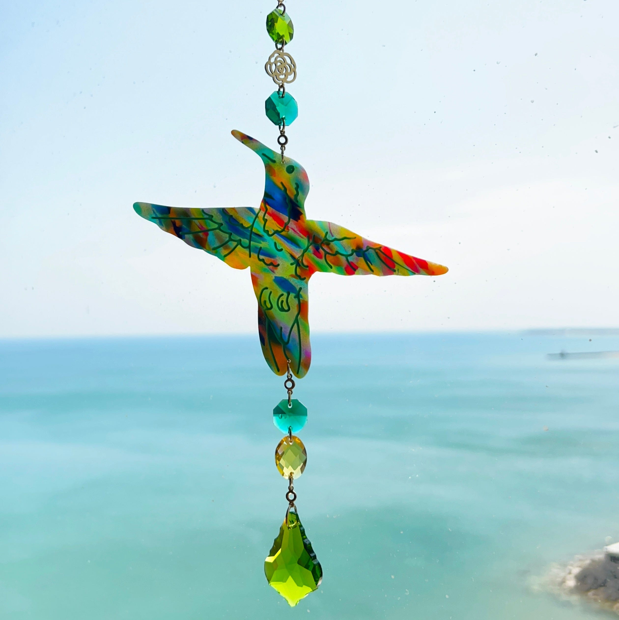 Suncatchers Multicolor | Green Accents | Gold Chain Hummingbird Suncatcher – Handmade Rainbow Window Decor