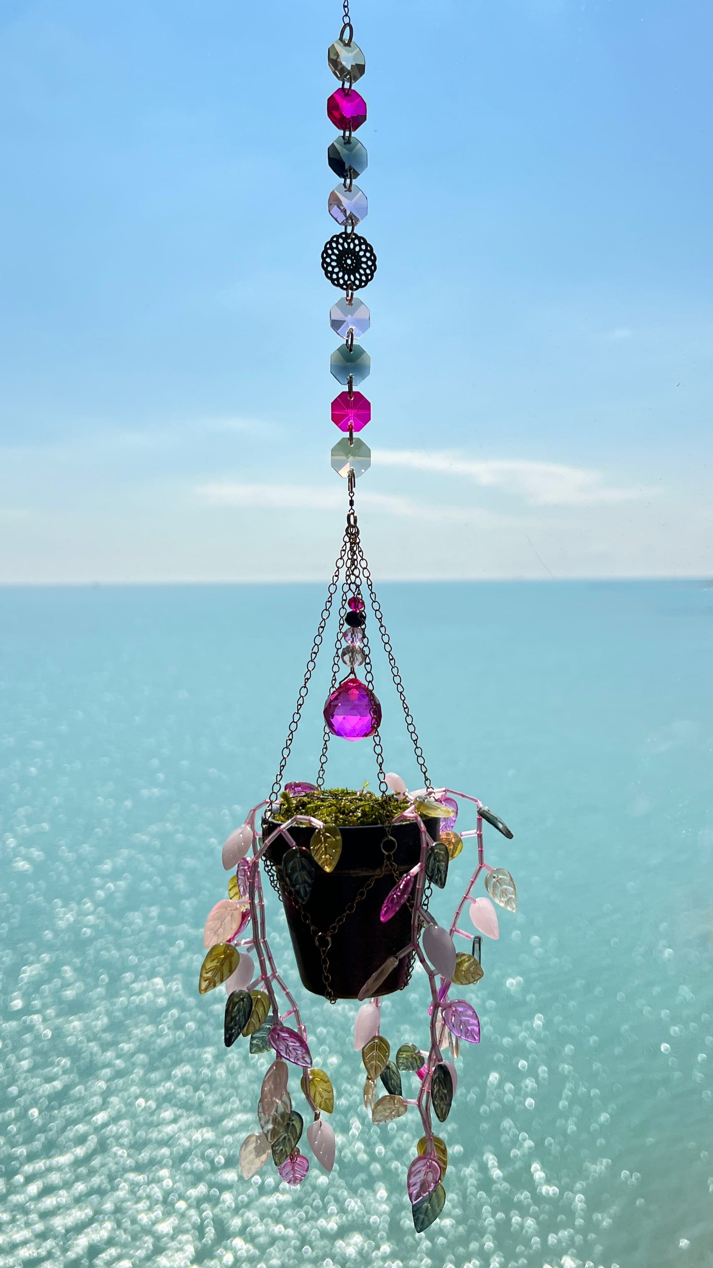 Suncatchers Pink Sherbert Leafy ‘Forever’ Plant Suncatcher with Glass Prisms & Spinner
