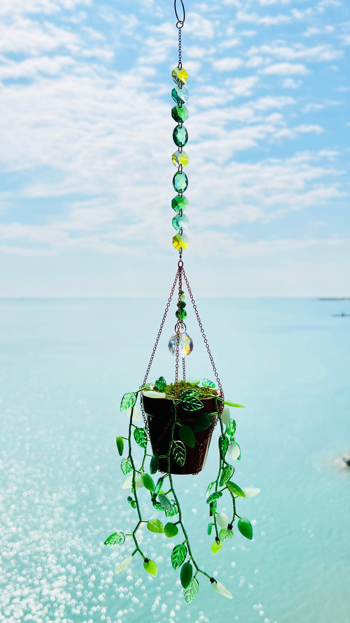 Suncatchers Jade Bloom Leafy ‘Forever’ Plant Suncatcher with Glass Prisms & Spinner