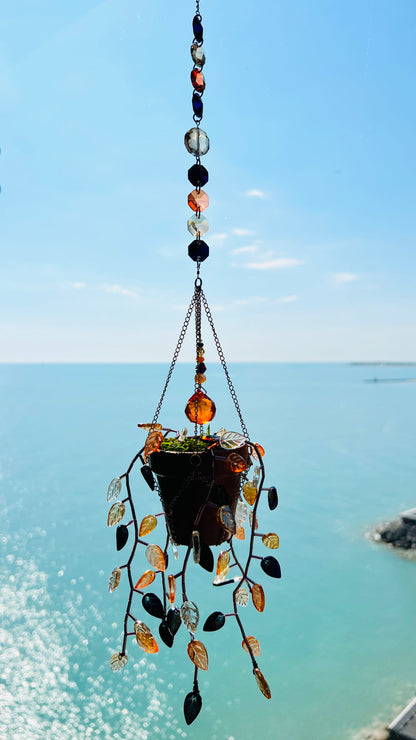 Suncatchers Honeyed Bronze Leafy ‘Forever’ Plant Suncatcher with Glass Prisms & Spinner
