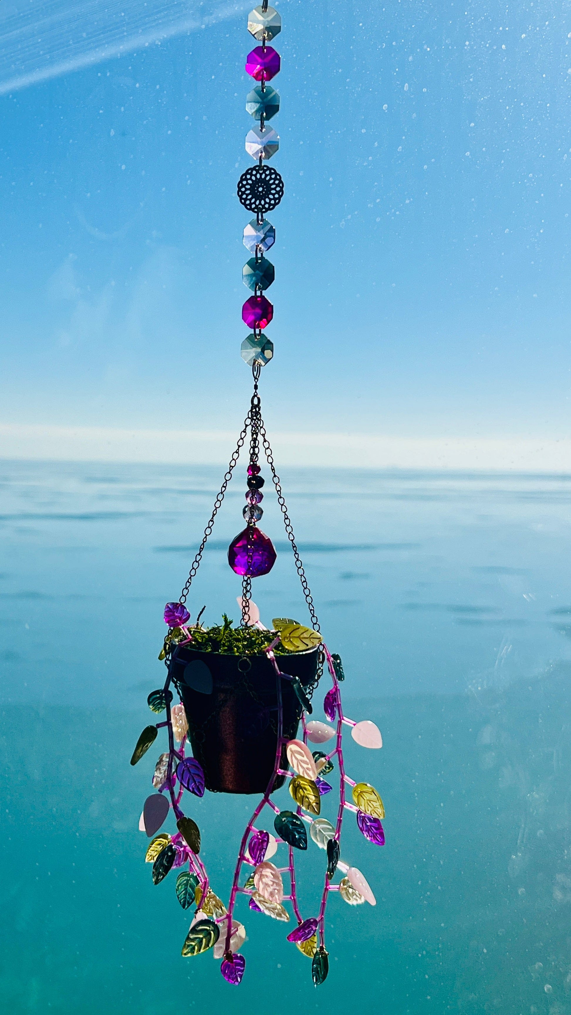 Suncatchers Leafy Plant Suncatcher with Glass Prisms & Spinner