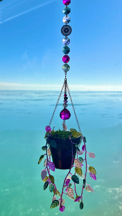 Suncatchers Pink Sherbert Leafy Plant Suncatcher with Glass Prisms & Spinner
