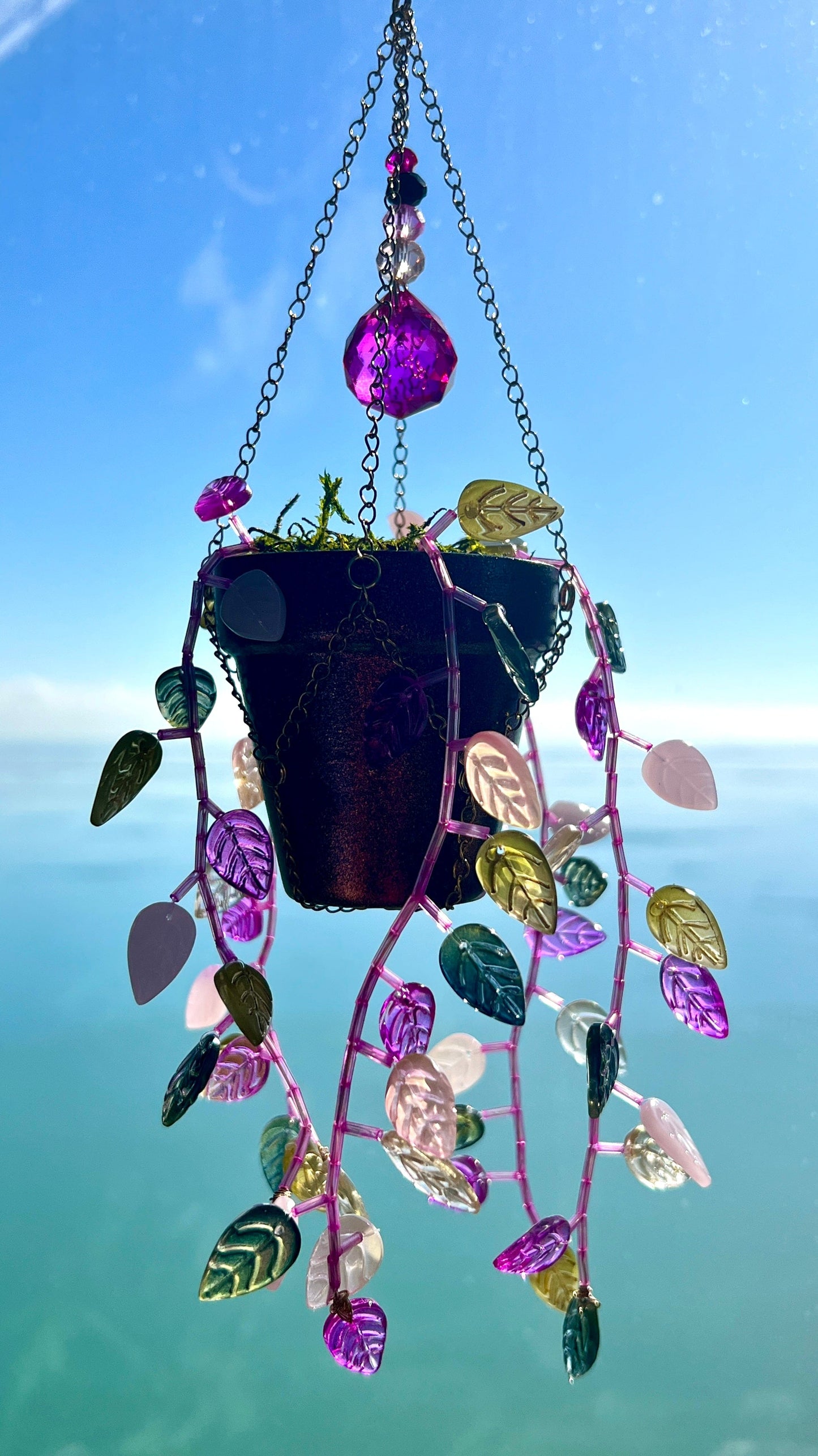 Suncatchers Leafy Plant Suncatcher with Glass Prisms & Spinner