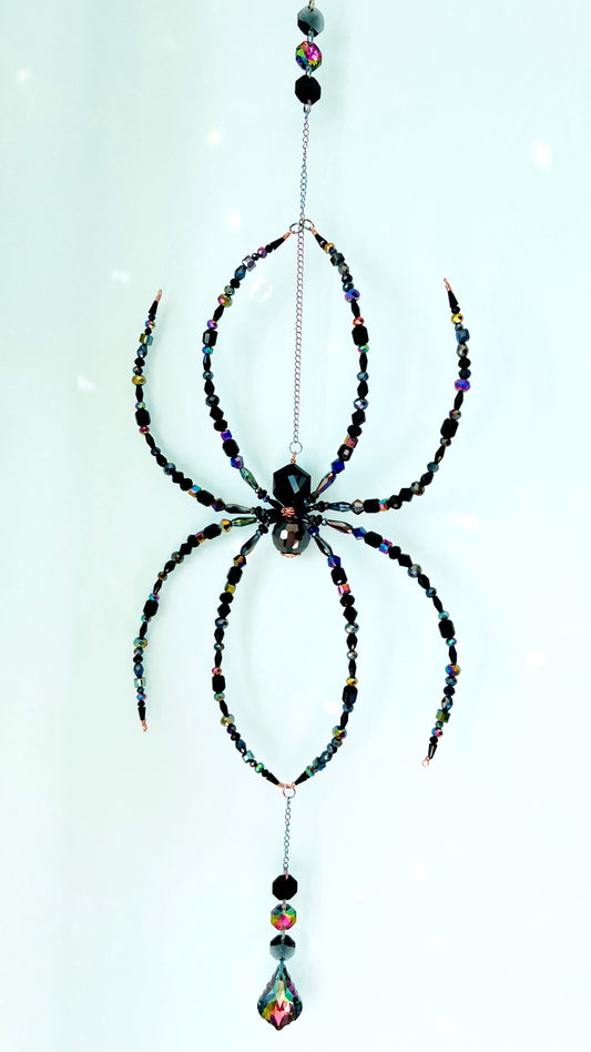 Suncatchers Midnight Prism – Black Rainbow Beaded Spider Suncatcher