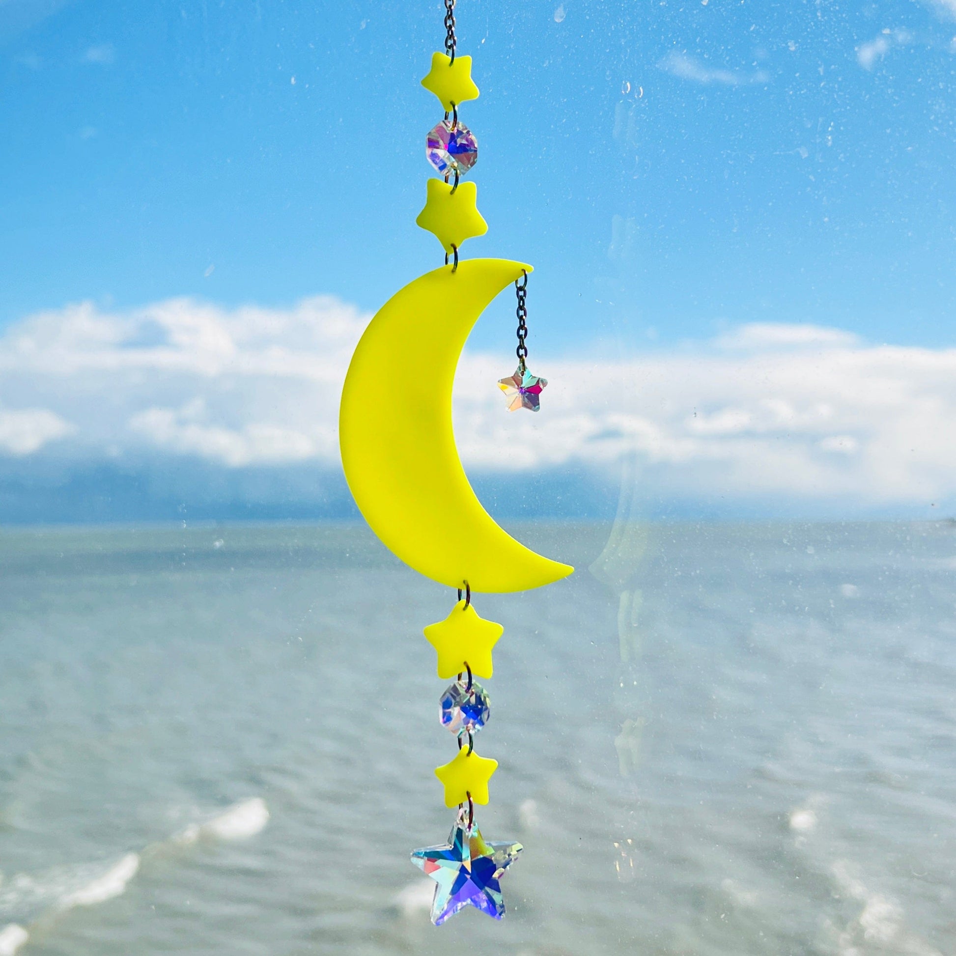 Suncatchers Neon Yellow Moon & Stars Solar Glow Suncatcher