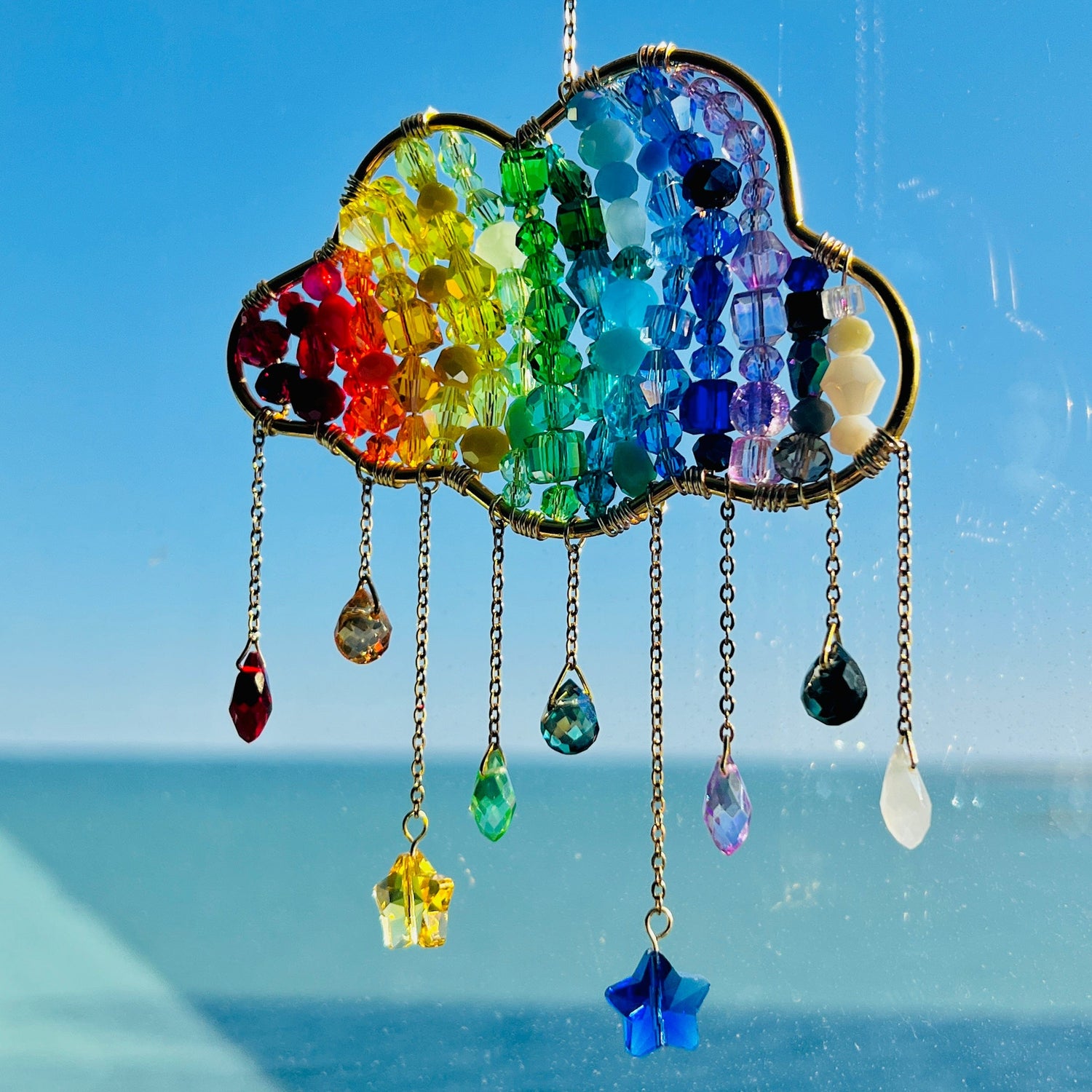 Suncatchers Gold Frame / Chain Rainbow Glass Bead Cloud Suncatcher – Handmade Window Decor