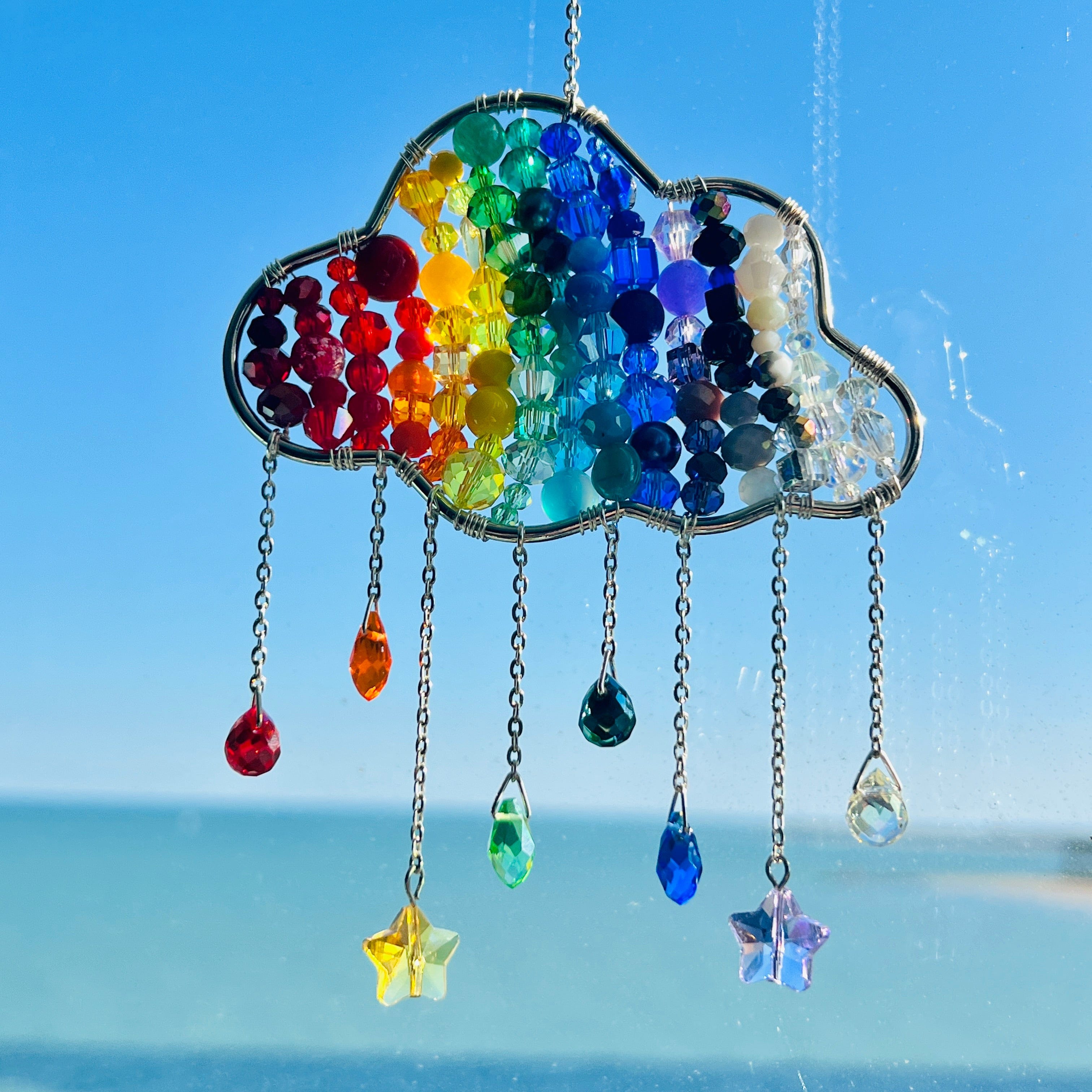 Suncatchers Silver Frame / Chain Rainbow Glass Bead Cloud Suncatcher – Handmade Window Decor