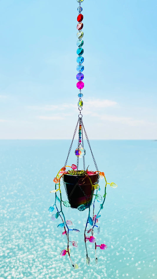 Suncatchers Rainbow Leafy Plant Suncatcher – Handpainted Pot