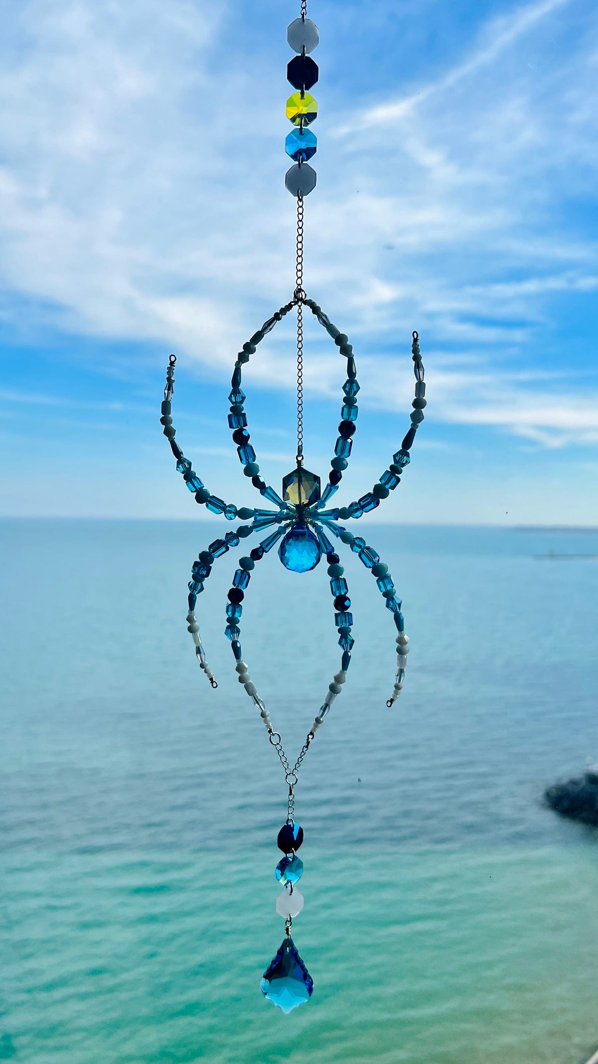 Suncatchers Sea Glass Spider – Blue & Aqua Beaded Spider Suncatcher