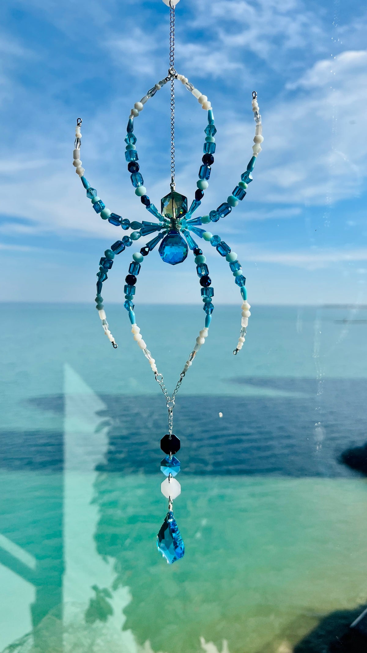 Suncatchers Sea Glass Spider – Blue & Aqua Beaded Spider Suncatcher