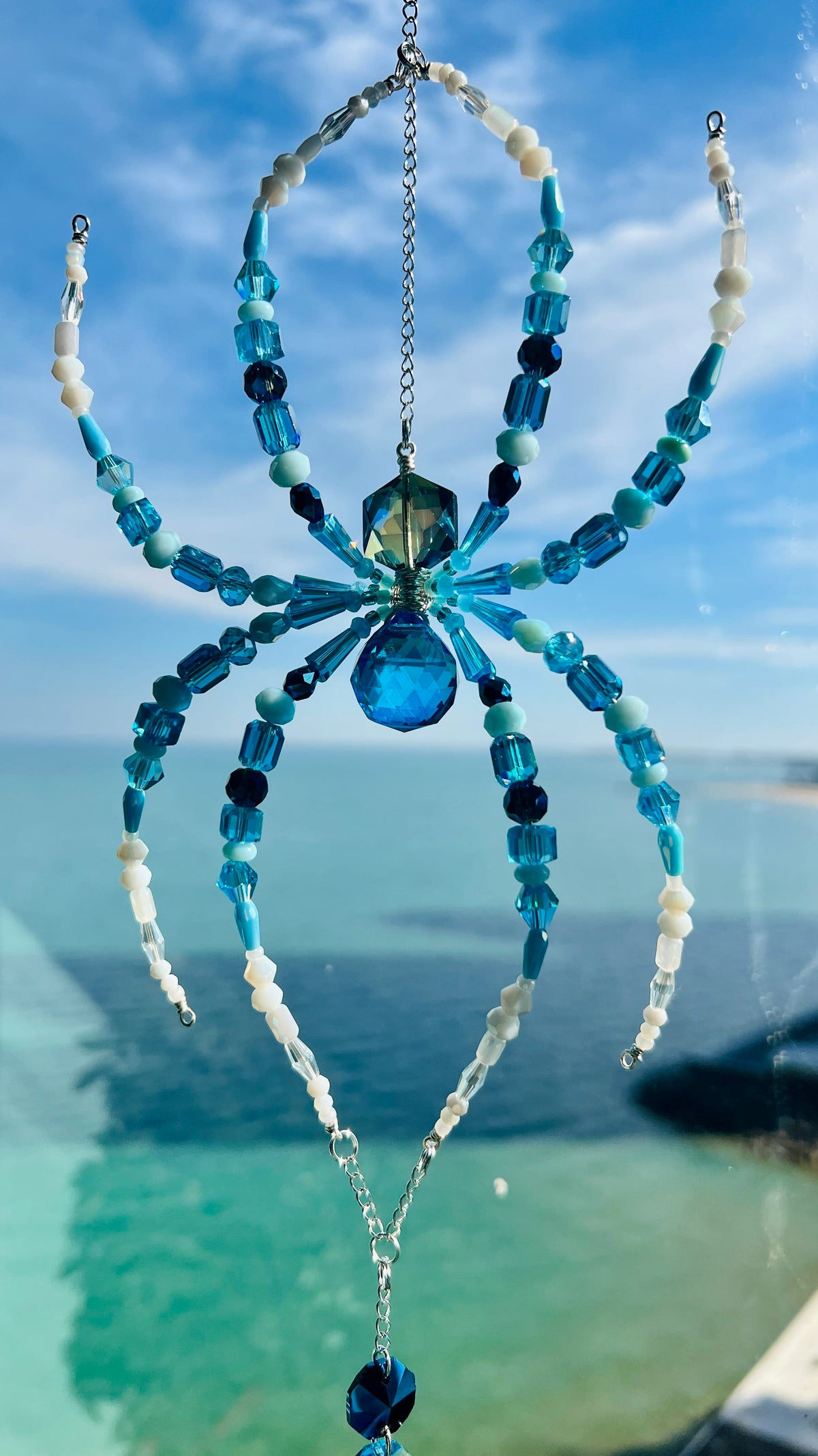 Suncatchers Sea Glass Spider – Blue & Aqua Beaded Spider Suncatcher