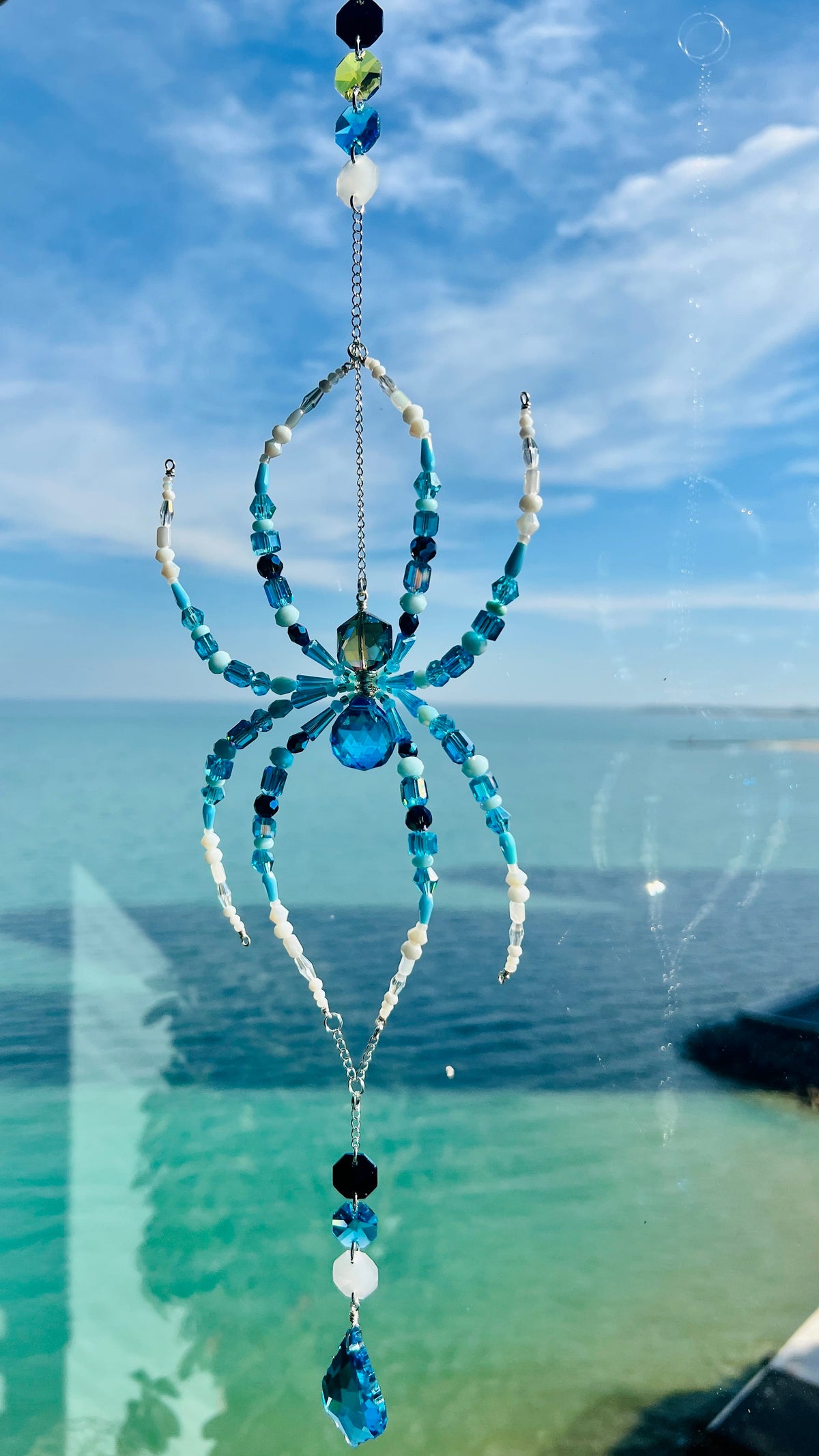 Suncatchers Sea Glass Spider – Blue & Aqua Beaded Spider Suncatcher