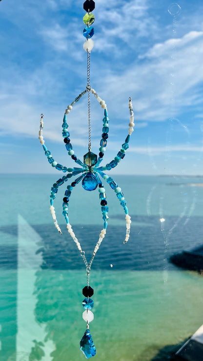 Suncatchers Sea Glass Spider – Blue & Aqua Beaded Spider Suncatcher