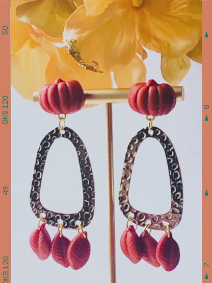 Orla - Orange Pumpkin Stud Earrings with Organic Gold Shape & Orange Leaves