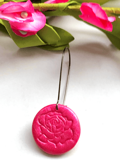 Earrings Alya - Kidney Ear Wires with Rose Stamped Clay Circle