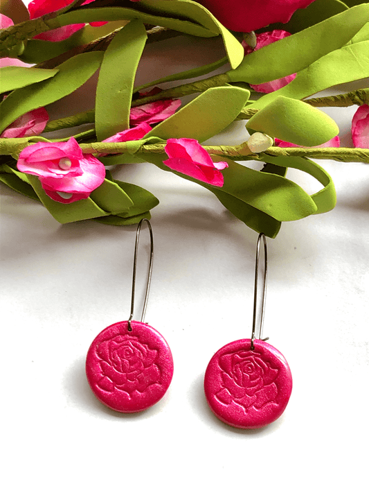 Earrings Pink & Gun Metal Alya - Kidney Ear Wires with Rose Stamped Clay Circle