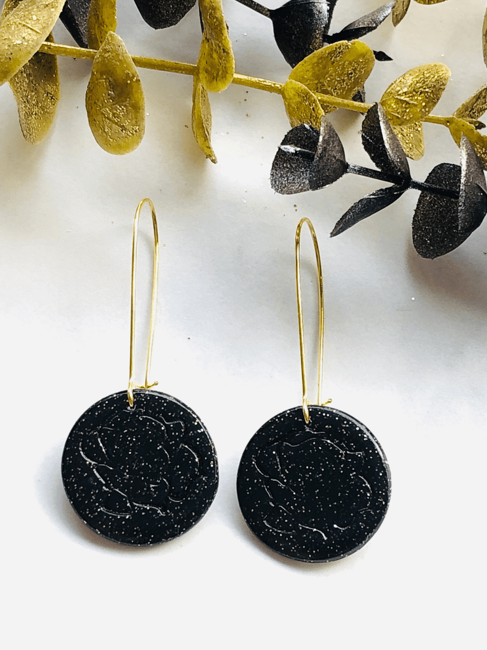 Earrings Black & Gold Alya - Kidney Ear Wires with Rose Stamped Clay Circle