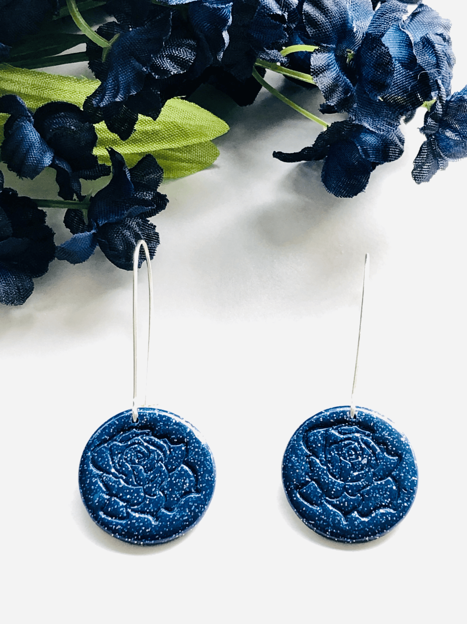 Earrings Navy & Silver Alya - Kidney Ear Wires with Rose Stamped Clay Circle