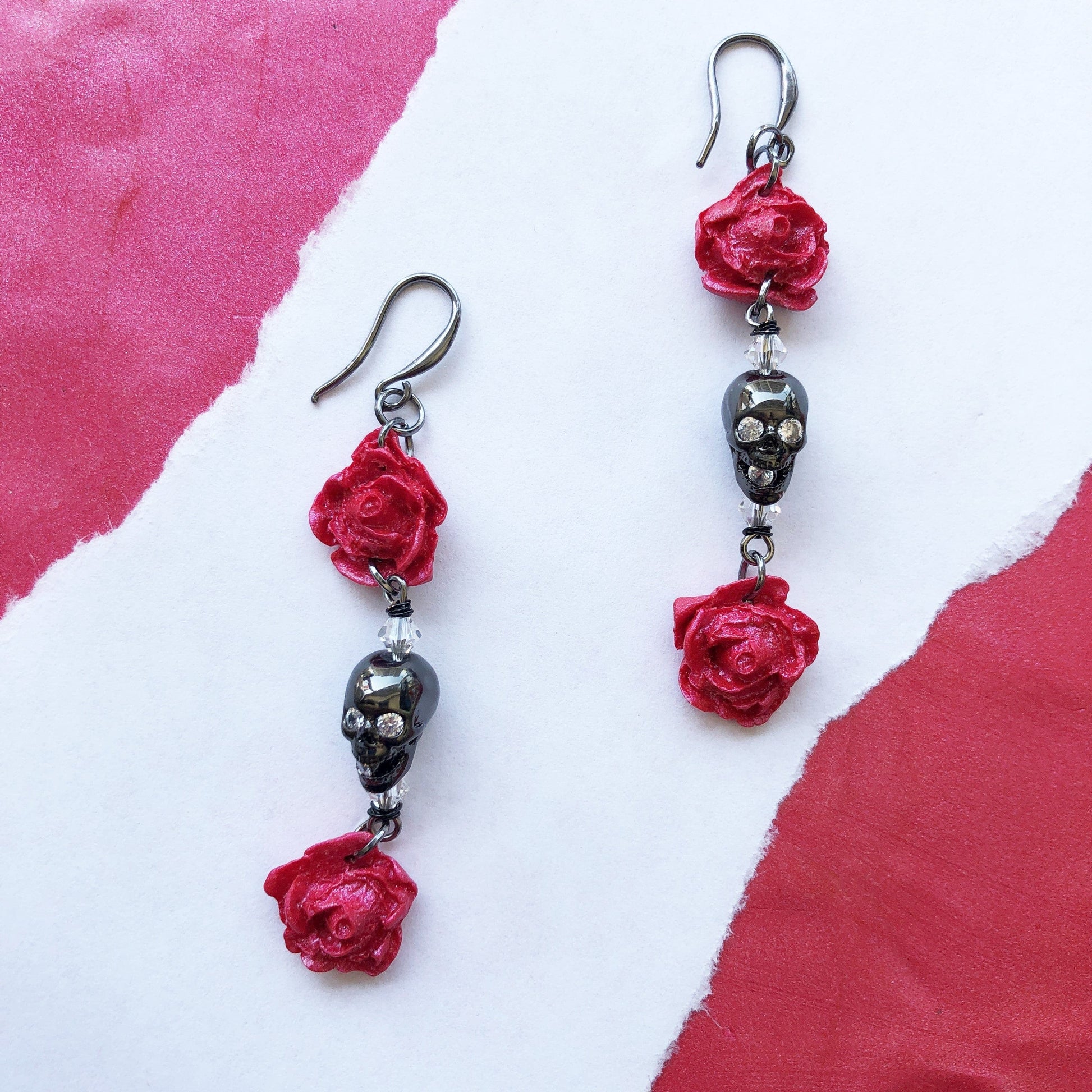 Earrings Pink & Gun Metal Astrea - Clay Rose Earrings with a Center Plated Brass Skull Bead