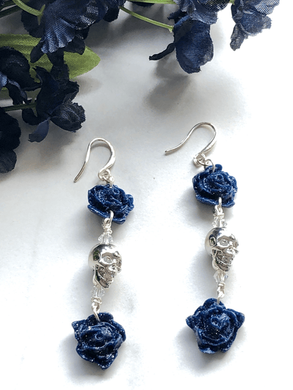 Earrings Navy & Silver Astrea - Clay Rose Earrings with a Center Plated Brass Skull Bead