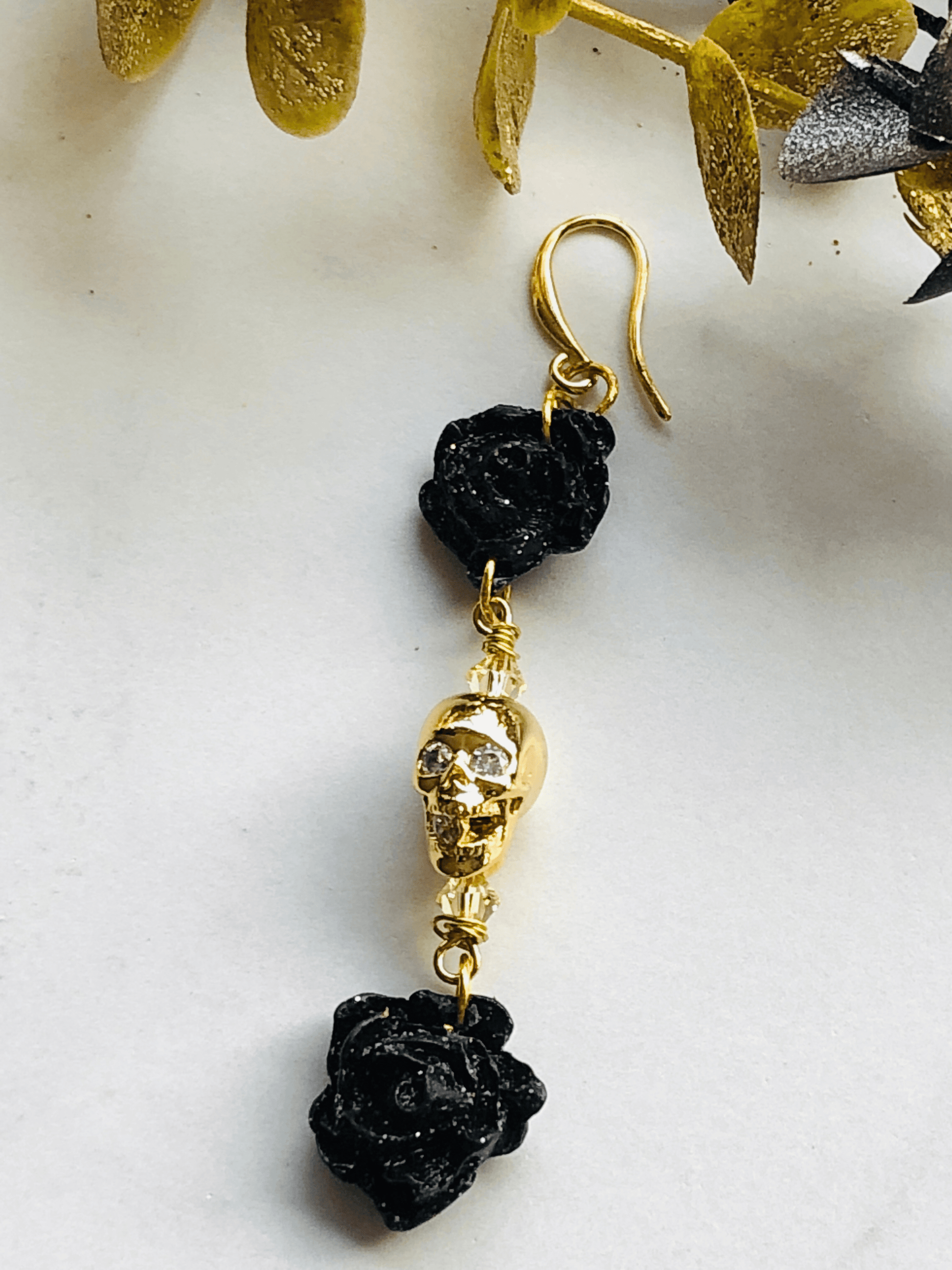 Earrings Astrea - Clay Rose Earrings with a Center Plated Brass Skull Bead