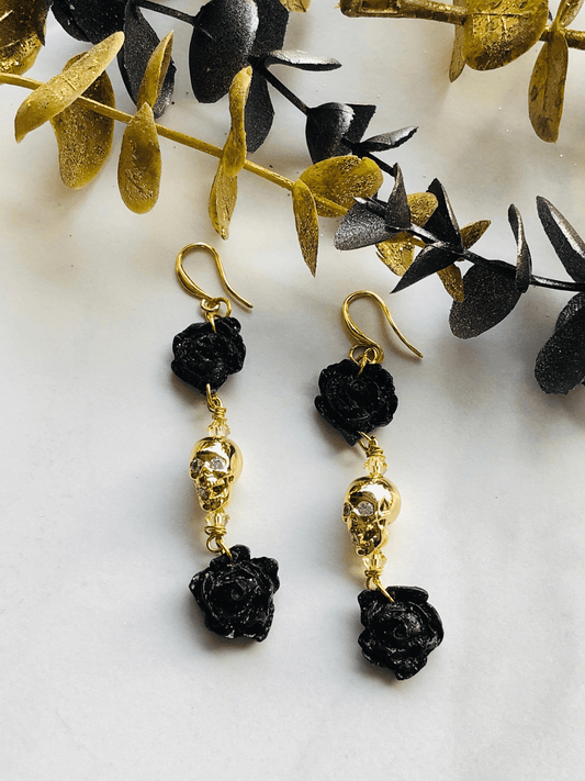 Earrings Black & Gold Astrea - Clay Rose Earrings with a Center Plated Brass Skull Bead