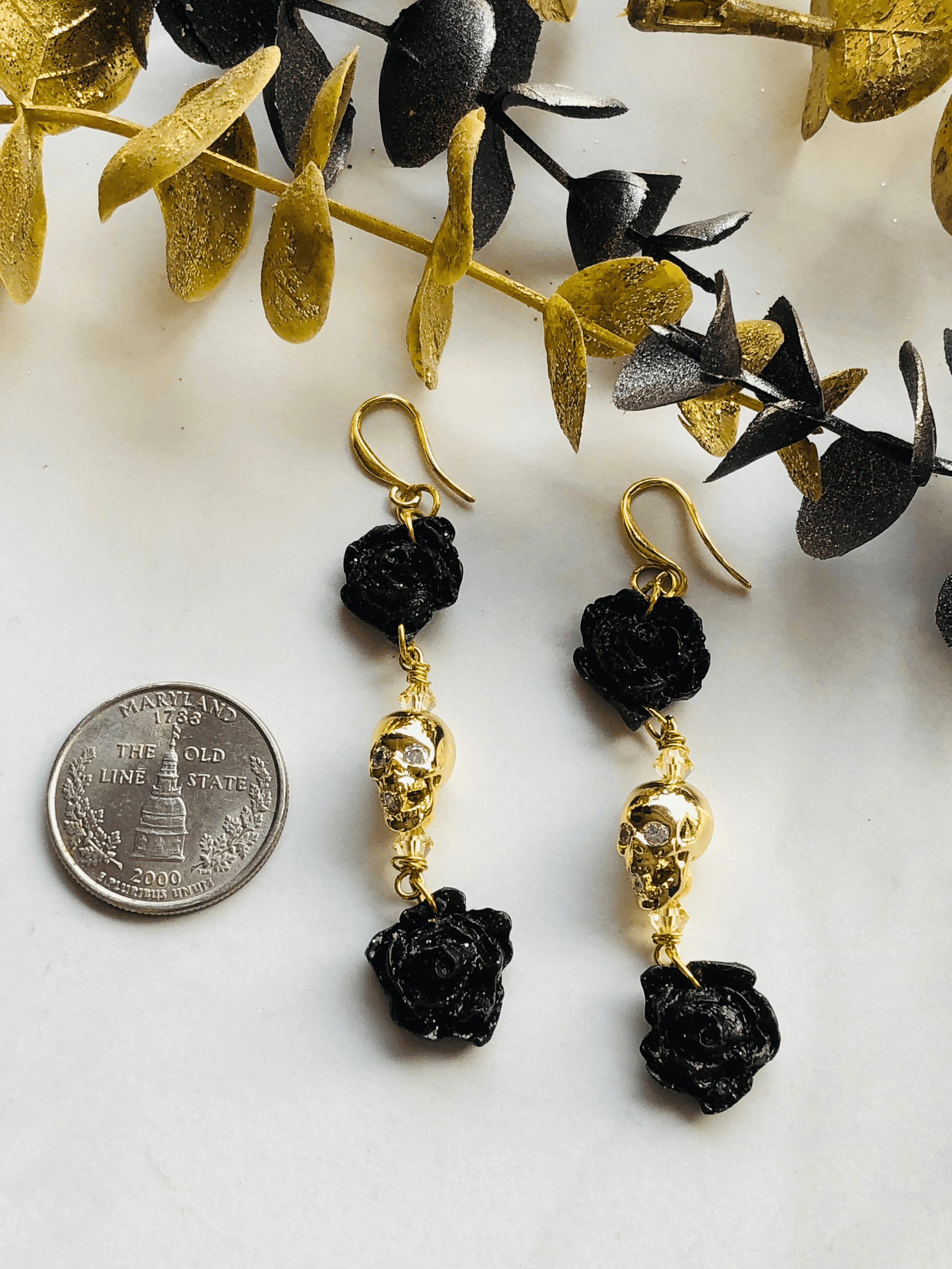 Earrings Astrea - Clay Rose Earrings with a Center Plated Brass Skull Bead