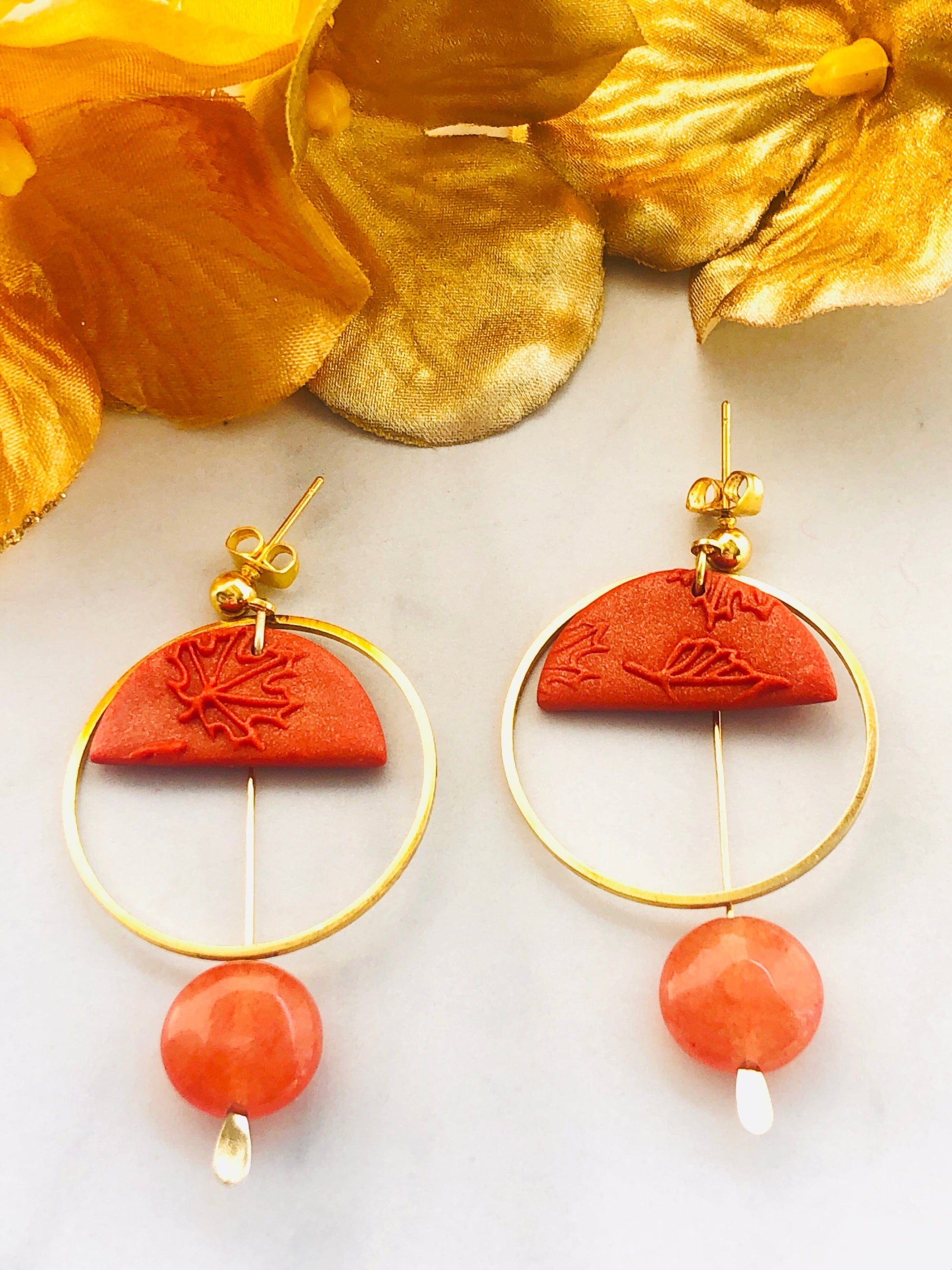 Earrings Aurelia - Orange Leaf Embossed Half Circle, Gold Hoop, Quartzite Bead