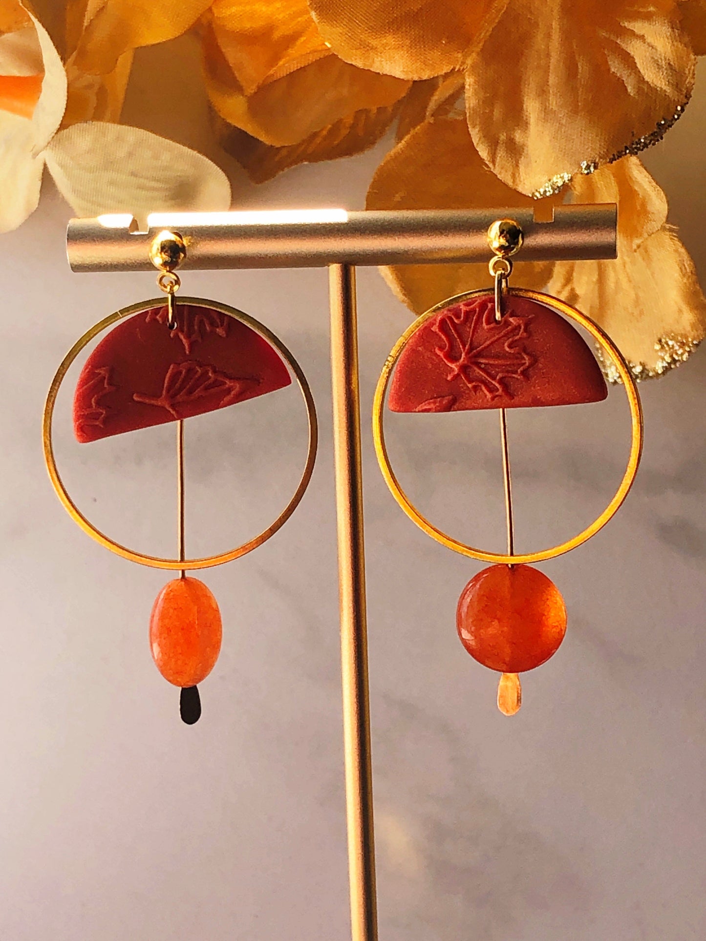 Earrings Aurelia - Orange Leaf Embossed Half Circle, Gold Hoop, Quartzite Bead