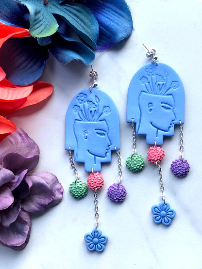 Earring Blooming Mind - Blue Tiered Arch with Dangling Flower Earrings