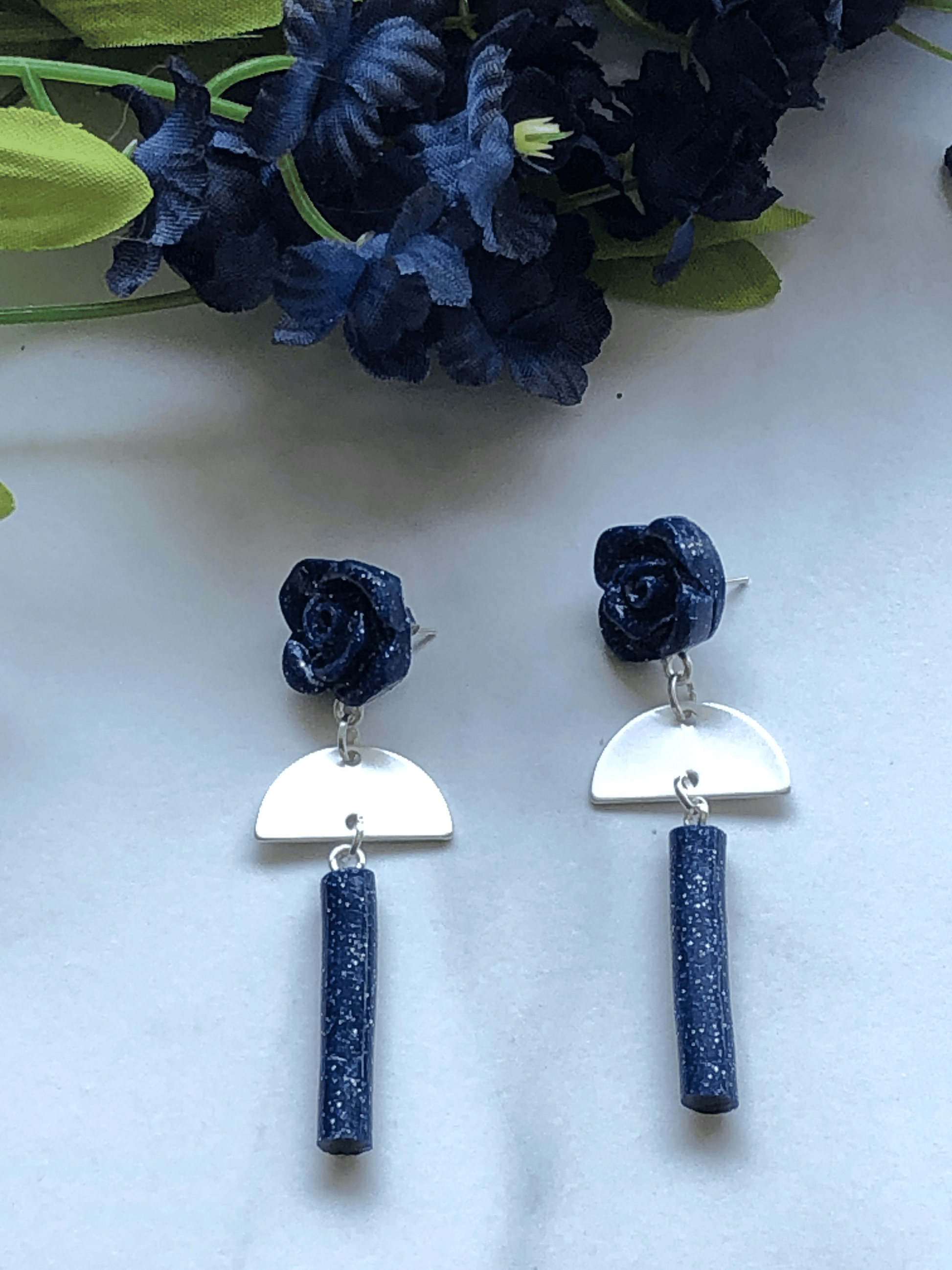 Earrings Carina - Navy Glitter Clay Rose, Silver Half Moon, & Navy Tube Dangle Earrings