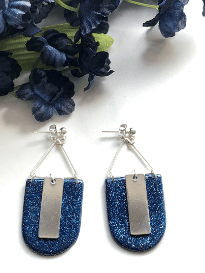 Earrings Navy & Silver Dara - Triangle with Clay Arched Pendant & Rectangle Charm