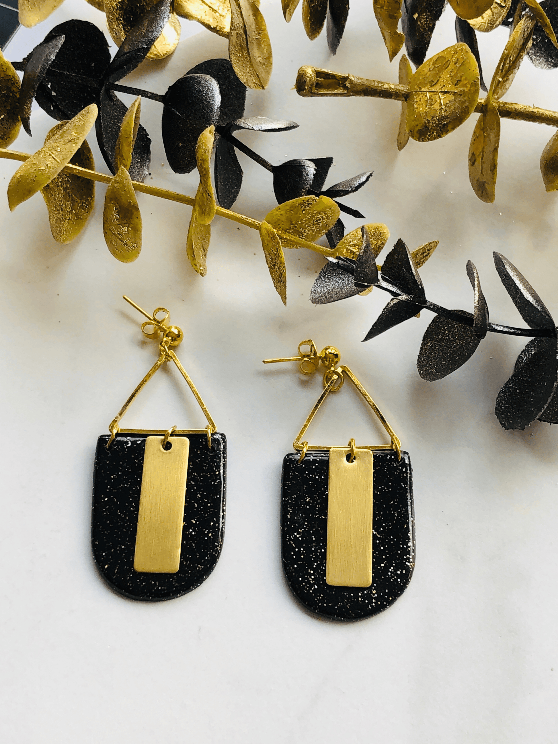 Earrings Black & Gold Dara - Triangle with Clay Arched Pendant & Rectangle Charm