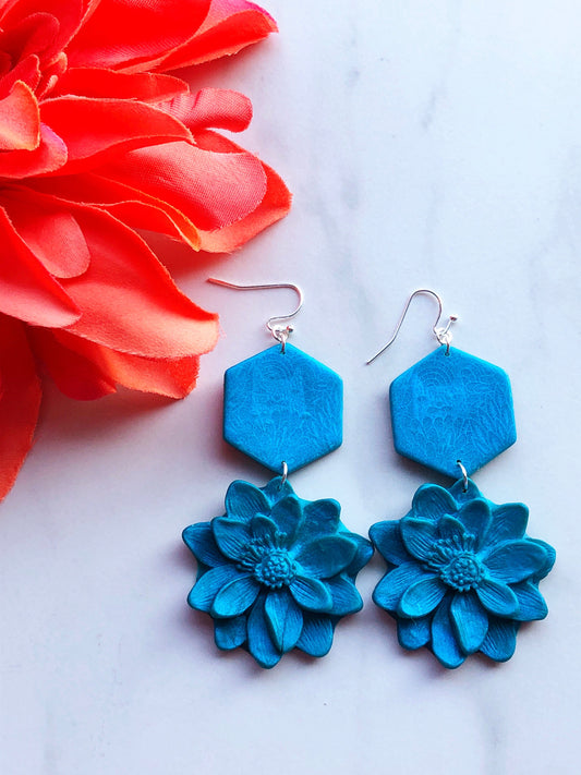 Earrings Endora - Blue Hexagon Earrings with Cat Silkscreen Design & Molded Flower