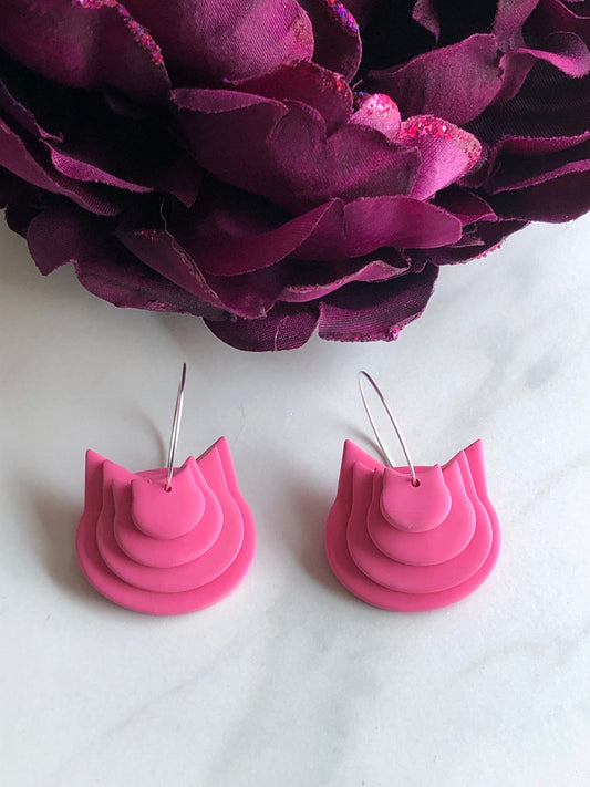 Earrings Frankie - Pink Layered Clay Cat Heads on Silver Hoop